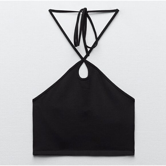 NWT Zara Ribbed Keyhole Crossed Halter Crop Top in Black, Size Medium - Picture 7 of 14